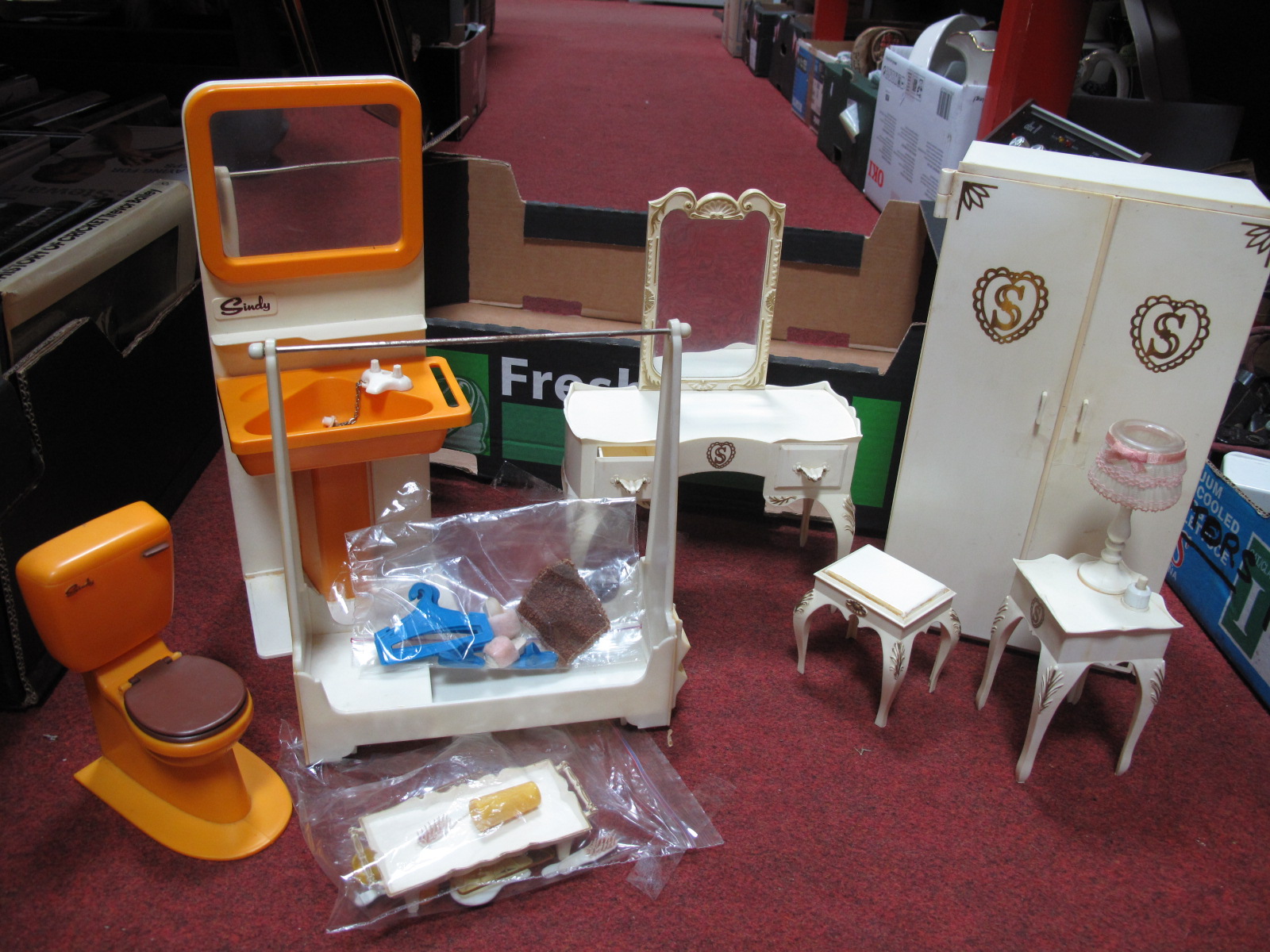 Vintage Sindy Bedroom and Bathroom Furniture, including side tables, dressing table, wardrobe (