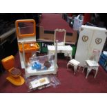 Vintage Sindy Bedroom and Bathroom Furniture, including side tables, dressing table, wardrobe (