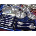 Electroplated Three Piece Tea Set, with wavy edge, raised on curved feet; decorative pair of