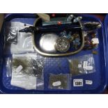 A Jewellery Box, containing various miniature glass animals and fish, hat pins, a compact mirror,