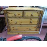 Pine Chest, of two short and two long drawers, having turned handles, spiral twist pilasters on