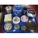 A Japanese Blue and White Ginger Jar, (lid damaged), Cloisonné ware jars, trinkets, bowl:- One Tray