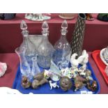 Three Pressed Glass Decanters, Wade figure of Scamp, Beswick bird figure of a Wren, etc:- One Tray