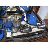 A Cased Carving Set, cased three piece christening set, goblets, cruet items, rectangular twin