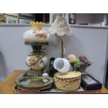 Two Lamps, Barbola mirror, fruit centrepiece, cottons etc:- One Tray