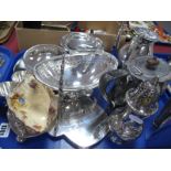 Plated Mounted Glass Butter Dish, dish stand with ceramic dish (one missing), sugar caster, tea