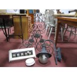A Cast Iron Scroll Shaped Plant Stand, wall light, servants wall hanging bell board plus bell. (4)