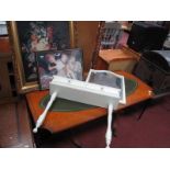 Yew Wood Coffee Table, with oval inset scriver on twin pedestals, cream painted dressing mirror,