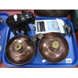 WITHDRAWN Two XIX Century Copper Chambersticks, having six petal drip cups, wo ebony elephants