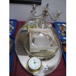 A Plated Oval Tray, with pierced decoration, plated salver two branch candelabra, Viners nut dish,