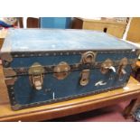 A Metal Bound Travel Trunk, in blue.