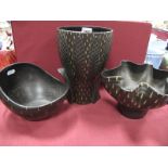 Three Beswick c.1950's/60's Vintage Vases and Bowl, designed by Albert Hallam, in a matt black glaze