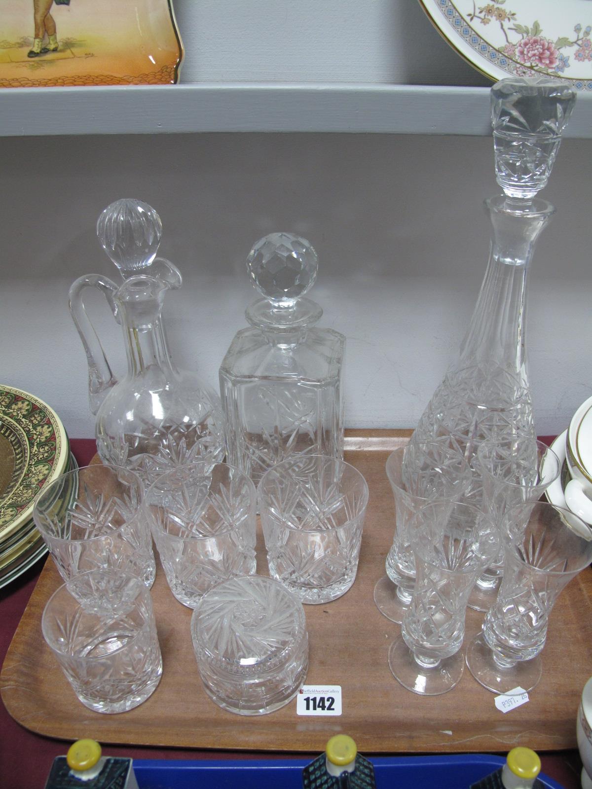 Whisky, conical and claret decanters, drinking glasses:- One Tray