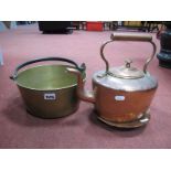 A XIX Century Kettle, XIX Century brass jam pan, copper hand beaten dish. (3)