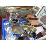 Silver 'Five Shilling' 1951 Crown, plated souvenir teaspoons, toast rack, goblet, etc:- One Tray