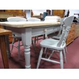 A Rectangular Shaped Pine Kitchen Table, with two single drawers, on painted grey turned legs;