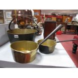 Three XIX Century Brass Jam Pans, copper warming pan. (4)