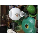 Oil Lamp, Swedish green glass speckled shallow dish, crackle ware jugs, tumblers, Bretby posy 23.