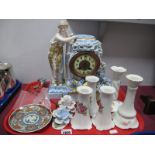 A XIX Century Continental Porcelain Cased Mantel Clock (damages), candlesticks, Chinese dish:- One