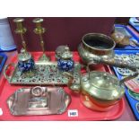 Brass Desk Stand, circa 1900 with twin blue and white pottery ink bottles on pierced tray, pair of