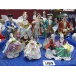 Eight German Porcelain Figurines, including Flautist, Gold Anchor Flower Carriers, 'Dresden Dee',