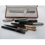 Mabie Todd 'Swan', Pelikan and Parker pens with 14k nibs, Sheaffer and two others, two pencils,