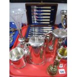 Walker & Hall Epergne, hotel plate, cased fish knives and forks, brass bell:- One Tray