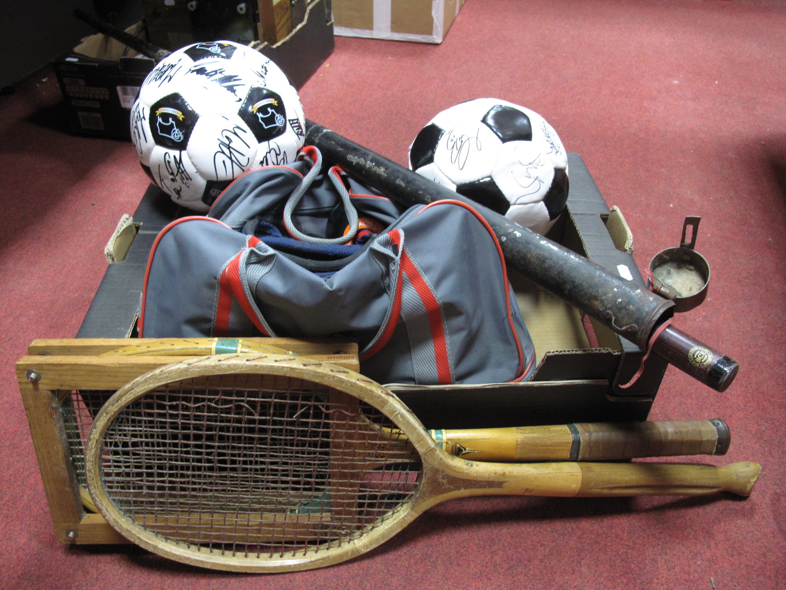 Two Derby County Club Team Signed Footballs, a case of green bowls (Thomas Taylor, Drakes Pride