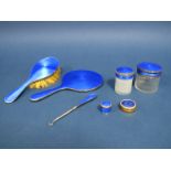 A Hallmarked Silver Mounted Blue Enamel Part Dressing Table Set, H Matthews, Birmingham 1926,