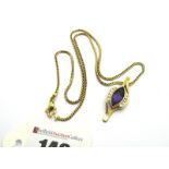 A Modern 18ct Gold Amethyst and Diamond Set Pendant, marquise collet set to the centre between two