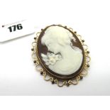 A Large 9ct Gold Oval Shell Carved Cameo Brooch/Pendant, depicting female profile, collet set within