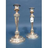 A Pair of XIX Century Old Sheffield Plate Candlesticks, each plain tapering column with textured