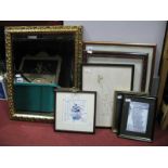 Rectangular Bevelled Wall Mirror in Gilt Frame, still life watercolour, six various prints.