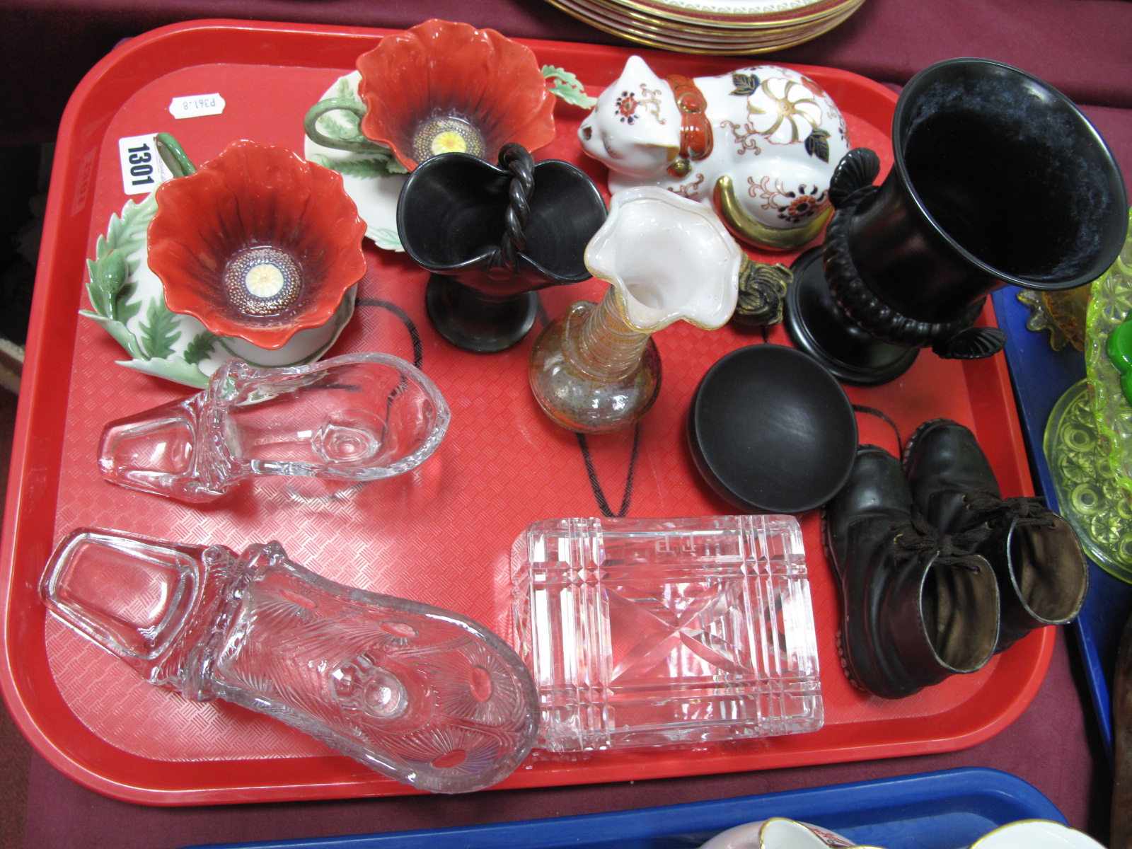 A XIX Century Press Glass Shoes, Franz cup and saucers, etc:- One Tray