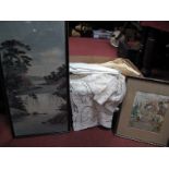 A Quantity of Crocheted and Other Linens, needlework garden picture, oriental painting on fabric:-