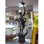 Spelter Figure, nautically themed, converted to a lamp on wooden circular base, 69cm high overall.