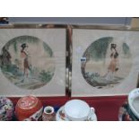 Oriental Japanese Geisha in Gardens Scene Studies, pair of watercolours on silk/fabric, circular,