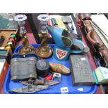 Fina Oil Can, oak candlesticks, Alpine metal box with skis and sticks to lid, opera glasses,