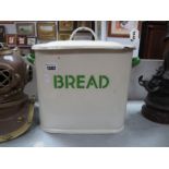 Cream Enamel Bread Bin, with green lettering.