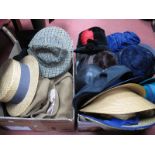 A Quantity of Ladies Vintage Hats, wool tweed dressing gown, masters cap and gown, gents tweed