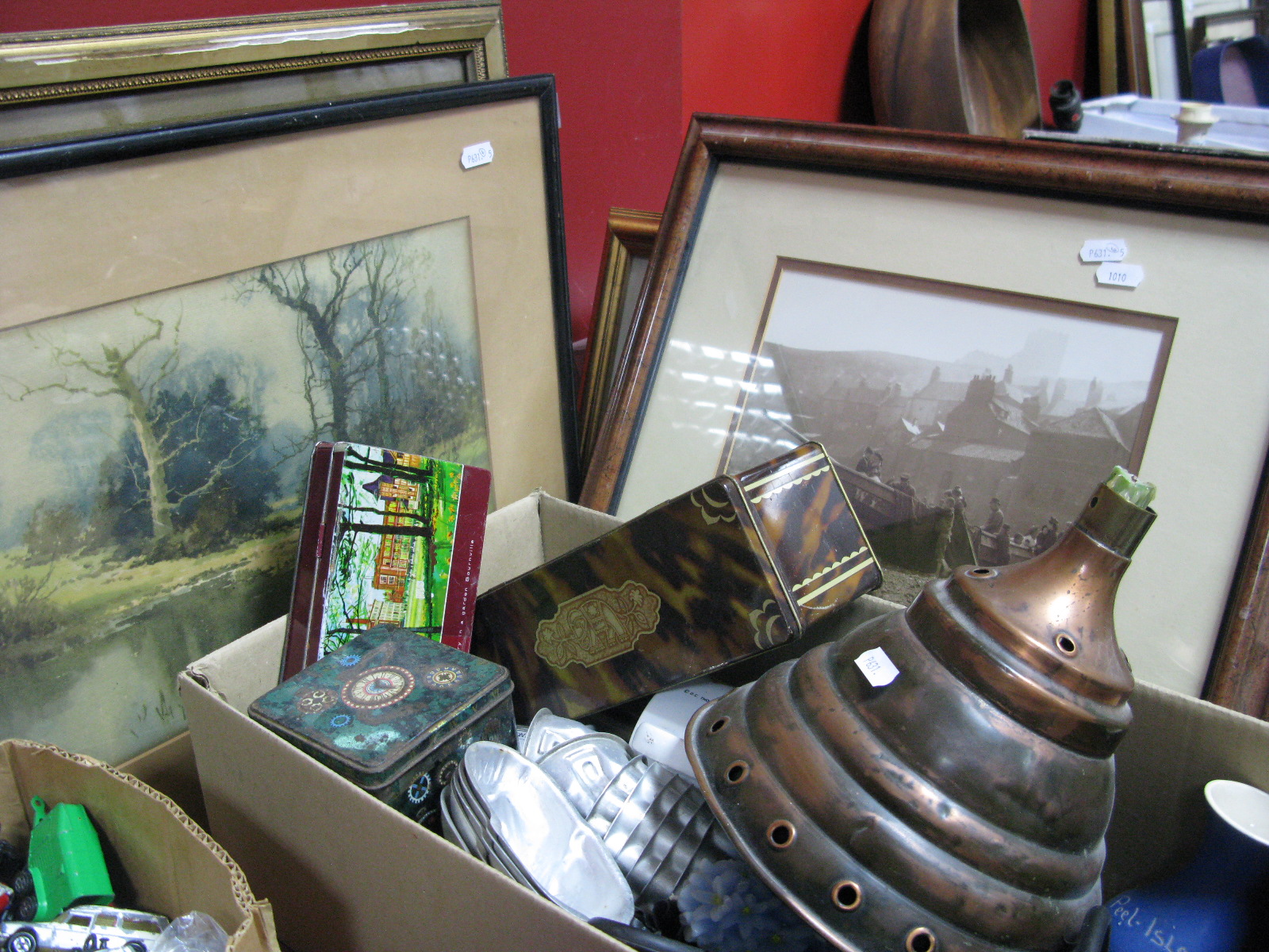 Tins, jelly moulds, brass weights, copper simplex posser hood etc:- One Box. J.M. Gill watercolour