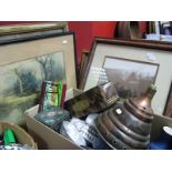 Tins, jelly moulds, brass weights, copper simplex posser hood etc:- One Box. J.M. Gill watercolour