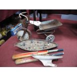 Mid XX Century Child's Tricycle, with trailer (in need of restoration), cricket bats, pond yacht