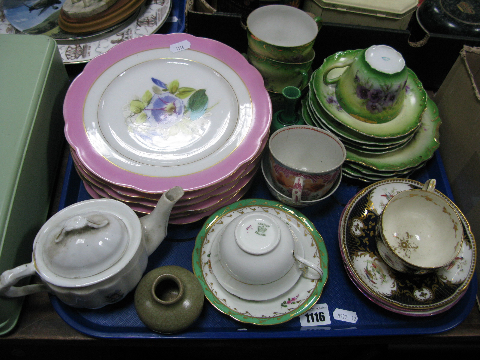 Six Dessert Plates, French teaware, miniature iridescent vase, 9cm high, Aynsley cup and saucers,