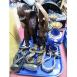 African Carved Elephant, height 35cm, two hardwood stylised figures, pair of cloisonné ovoid vases