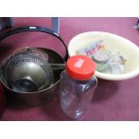 Eathernware Mixing Bowl, glass jars, XIX Century brass jam pan, copper pans, etc.