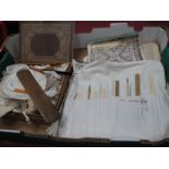 Bone Needlework Instruments, needles, linen thread reels, Knox's linen floss, pattern books:- One