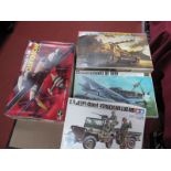 Four Plastic Kits, Tamiya US Jeep Four Ton, 1:30 Scale Bandai Hummel 150mm German Howitzer, Revell