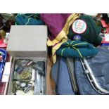 Military. Tunic buttons, cap badges, button cleaners, gas mask,, Scout memorabilia, etc:- One Tray