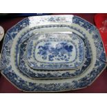 XIX Century 'Chinese Garden' Blue and White Pottery Octagonal Meat Platter, 38.5 x 46cm, two